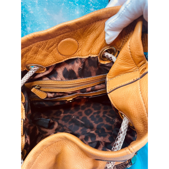 B Makowsky Tan Leather Bucket Bag Alligator Trim & Leopard Lining Ex Condition - Picture 9 of 16